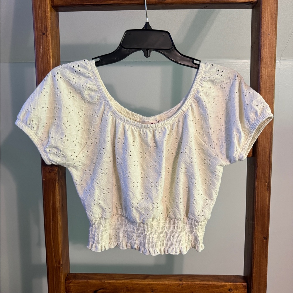 SO White Flutter Sleeve Smocked Crop Blouse